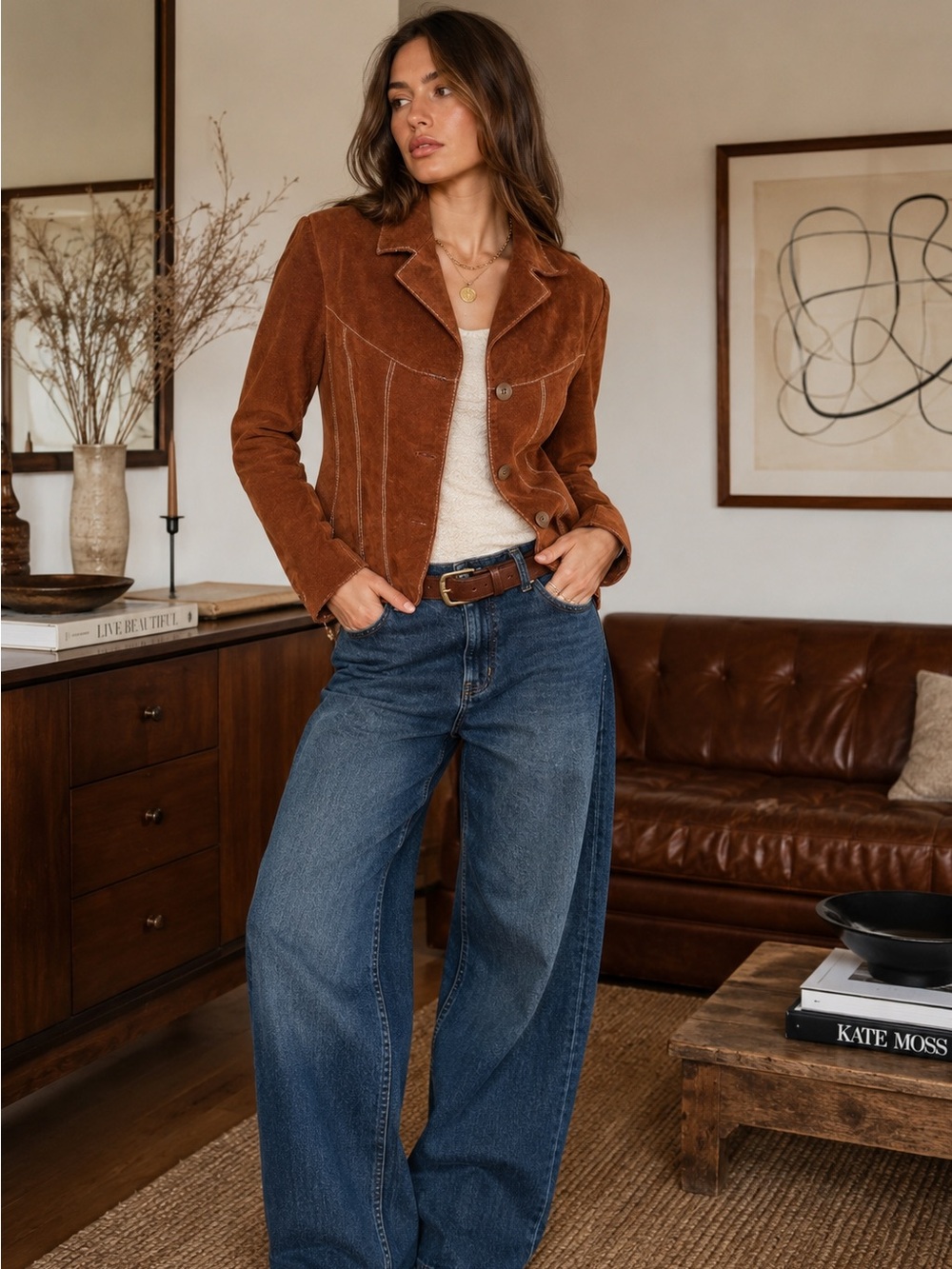 Wilsons Leather Cognac Suede Fitted Jacket Y2K Western Moto Chic L
